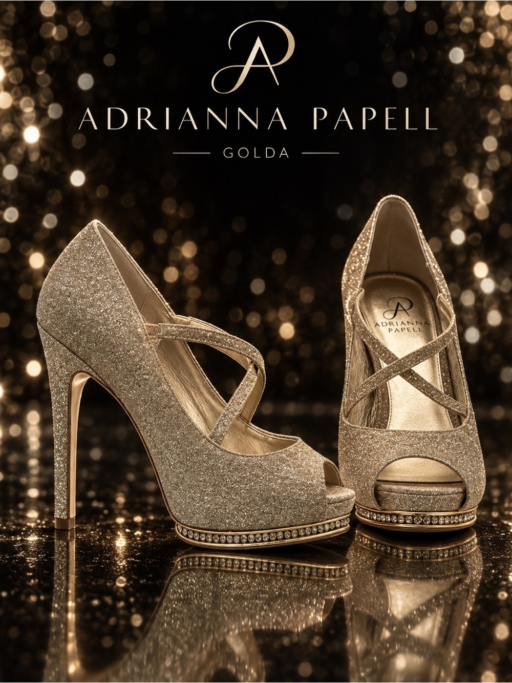 Adrianna Papell Golda Champagne Glitter Rhinestone Platform Pumps